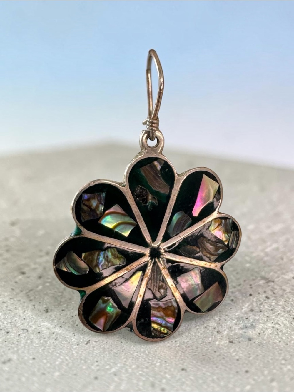 Vintage Mexican Alpaca Abalone Inlay Floral Drop Earring - SKU D